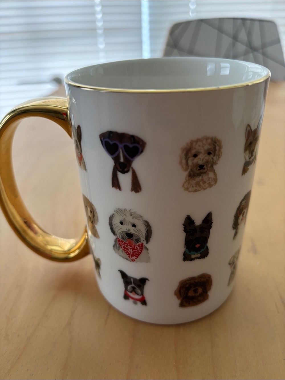 Rifle Paper Co. White Ceramic Mug with Gold Handle and Cute Dog Illustrations